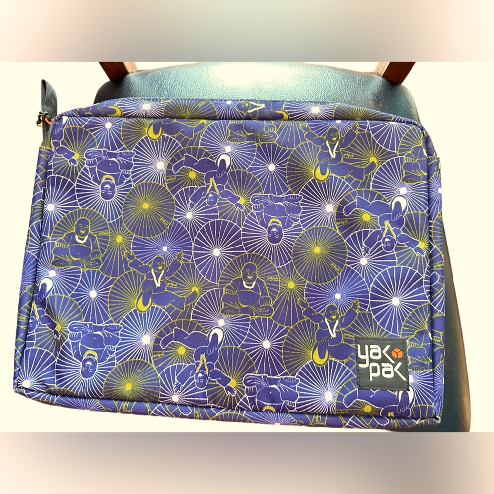 YakPak laptop case, 16”x12” zipper top, Smiling Buddha design.